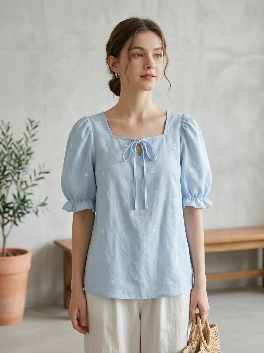 Classic Embroidered Floral Women's Puff-Sleeve Blouse