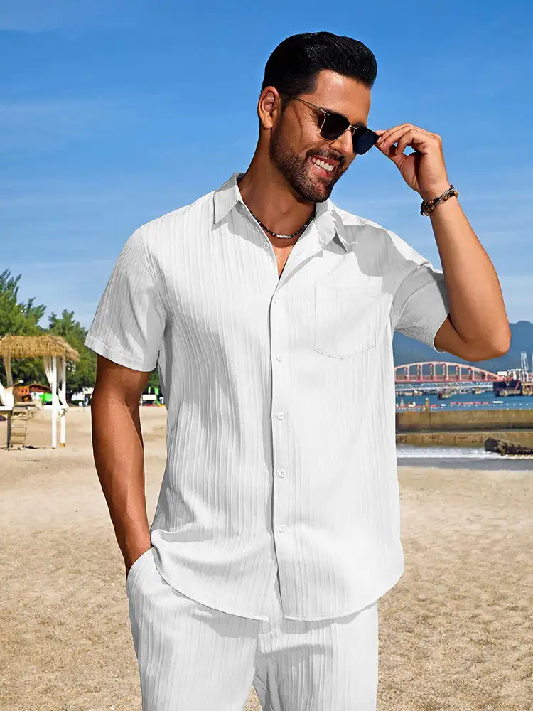 Casual Textured Shirt Shorts Vacation Set
