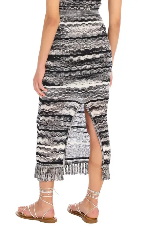 Gray Wavy Striped Fringe Hem Midi Skirt