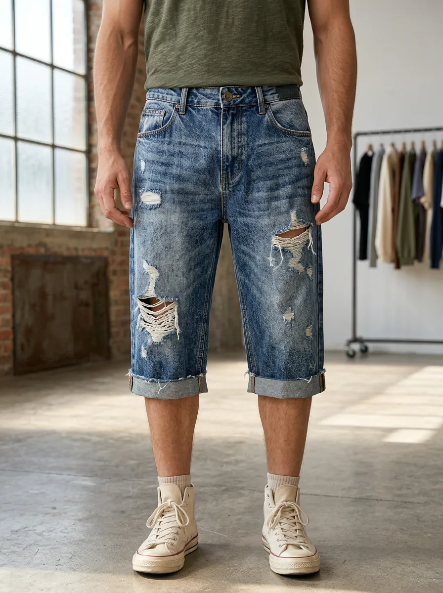 Men's Distressed Acid Wash Rolled Cuff Denim Shorts
