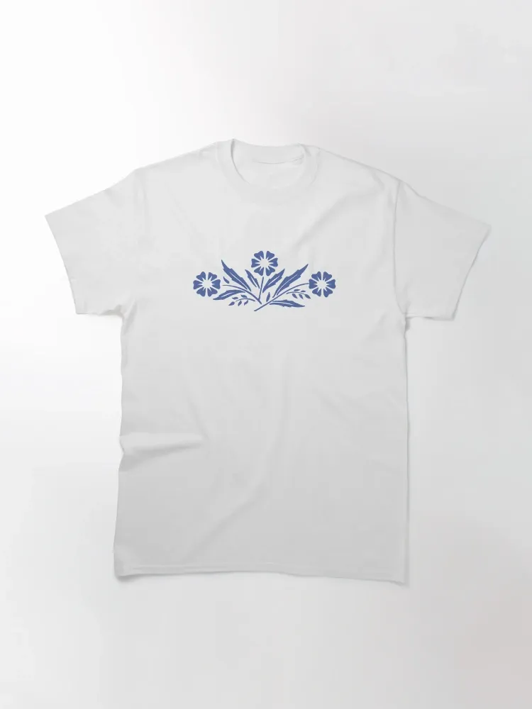 Women's simple blue floral pattern printed round-neck short-sleeved T-shirt