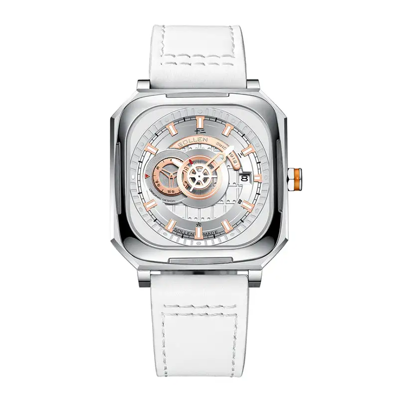 Sollen SL322 Men's Square Automatic Mechanical Watch - 40x41mm Stainless Steel Case Sapphire Crystal Miyota 8217 24H Subdial Leather Strap Wristwatch