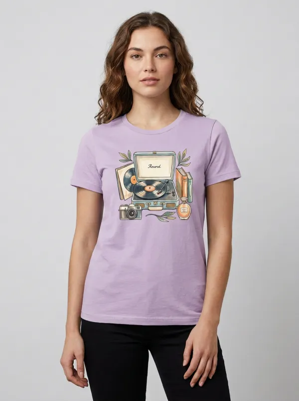 Women's Vintage Music Record Player Camera Graphic T-Shirt