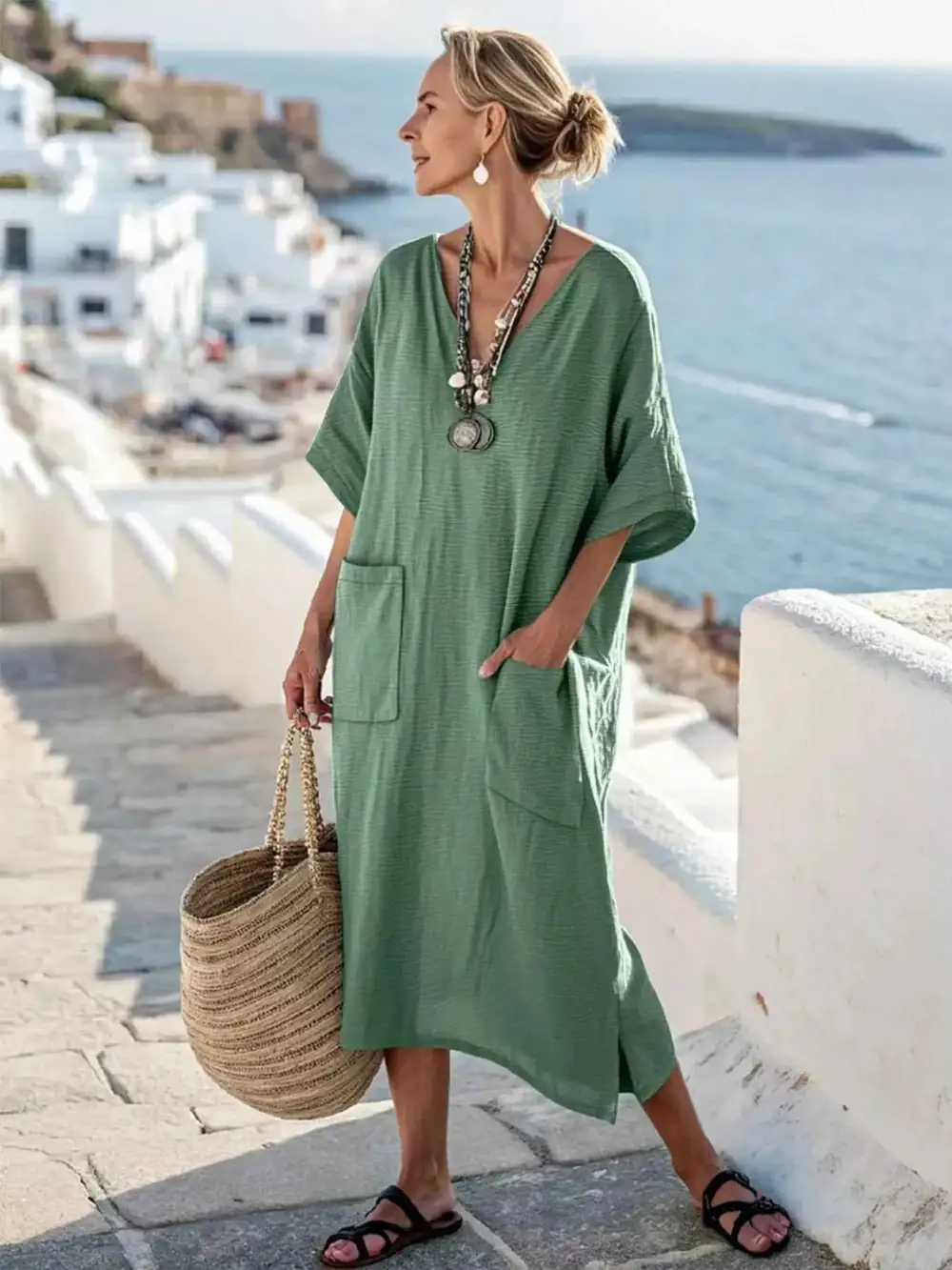 Plus Size V-Neck Half Sleeve Dress