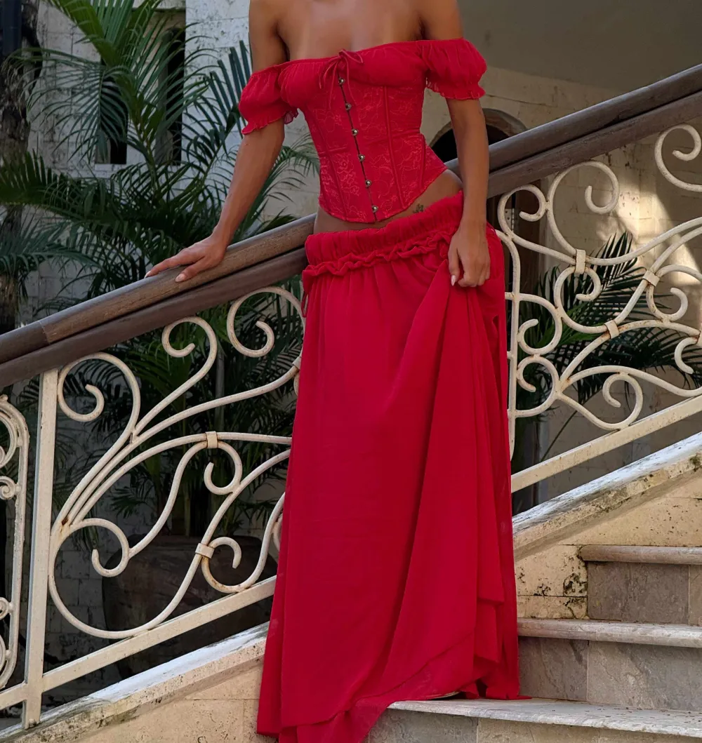 Red Lace Trim Puff Sleeve Corset Top