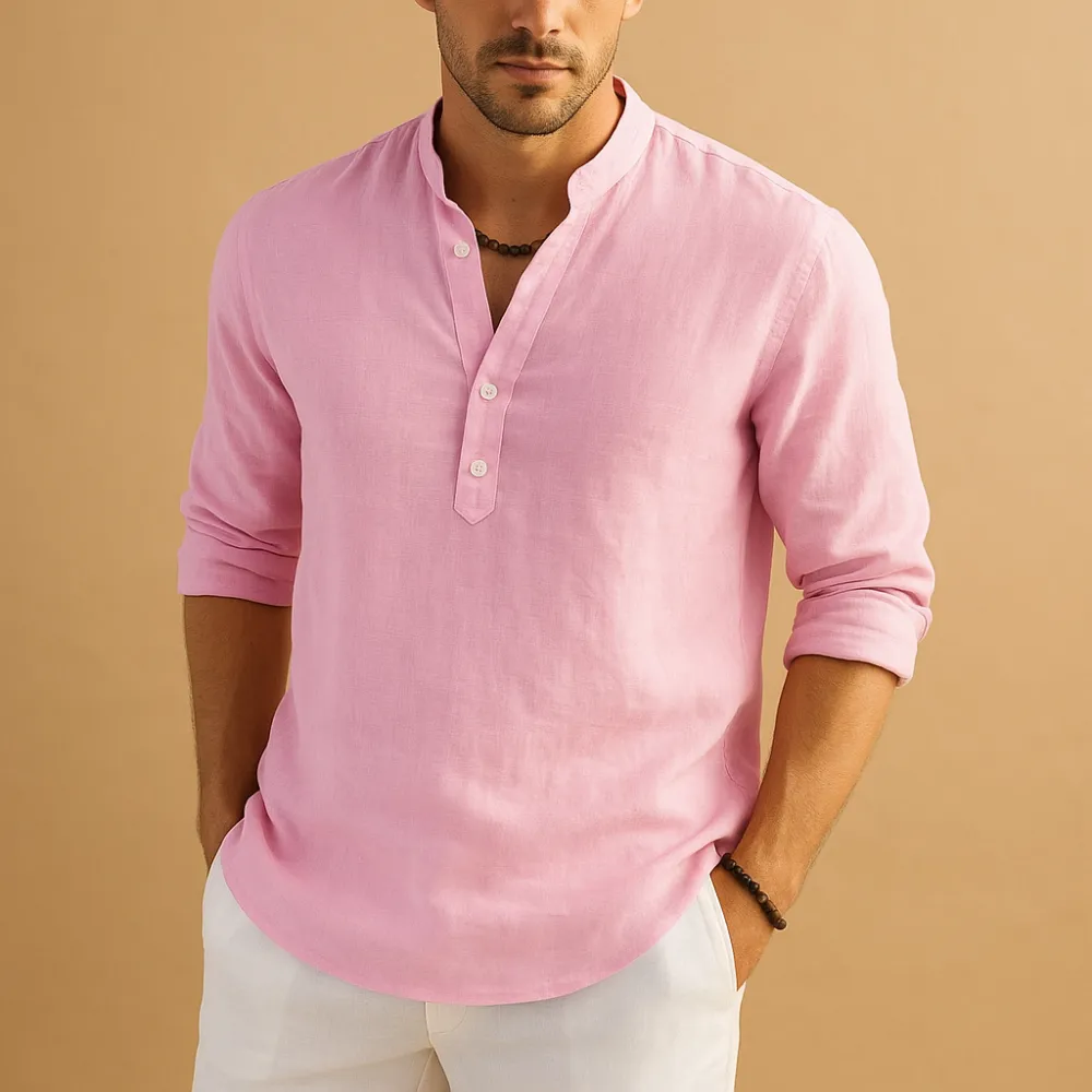 Linen Mandarin Collar Long Sleeve Shirt