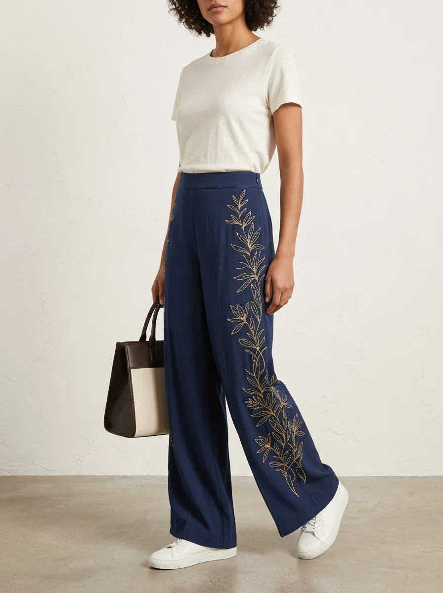 Women's Botanical Gold Leaf Patterned High-Waisted Wide-Leg Pants