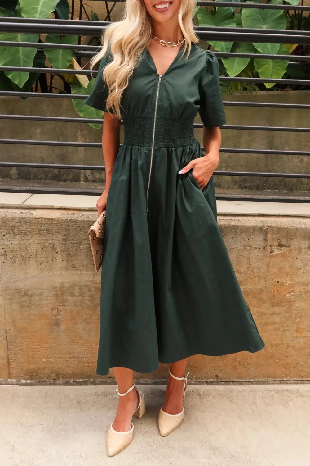 V-Neck Short Sleeve Midi Dress