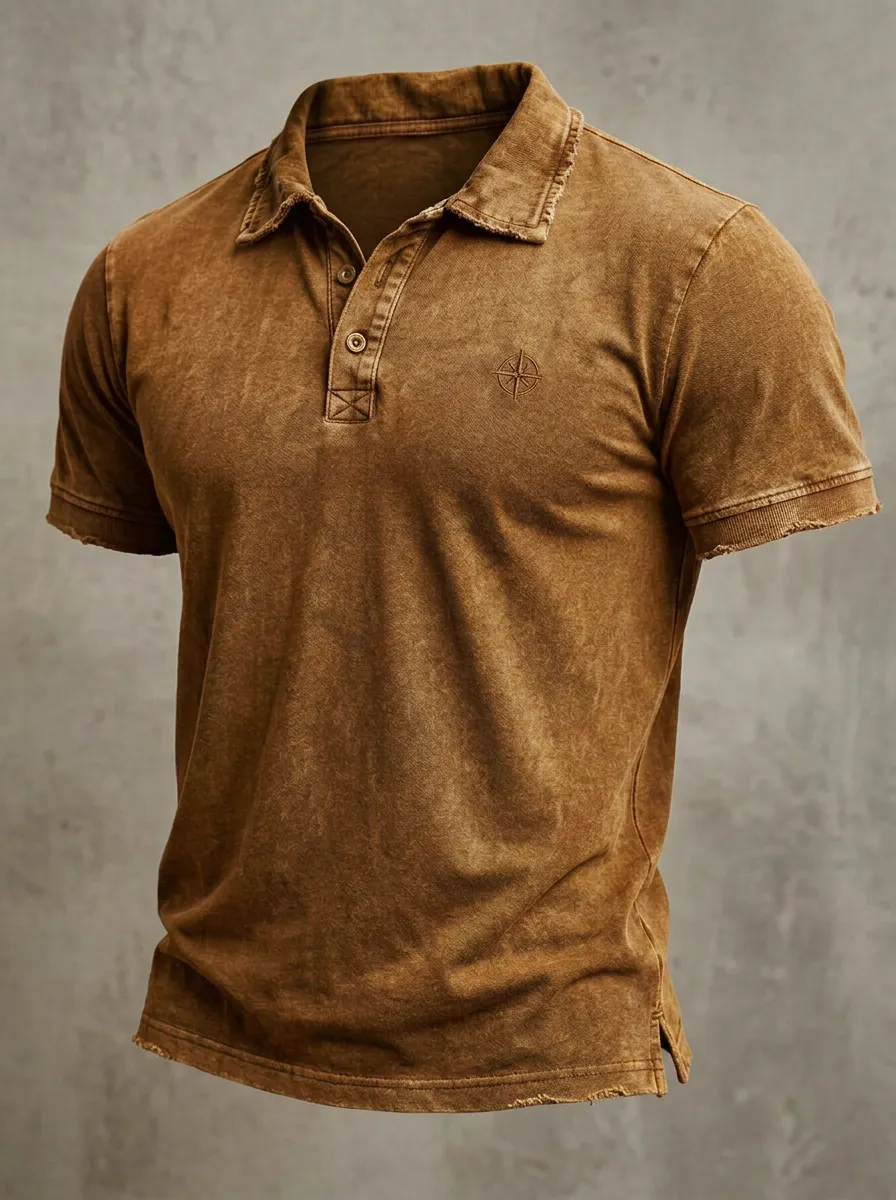 Acid-Wash Compass-Detail Embroidered-Detail Vintage-Inspired Men's Polo Shirt