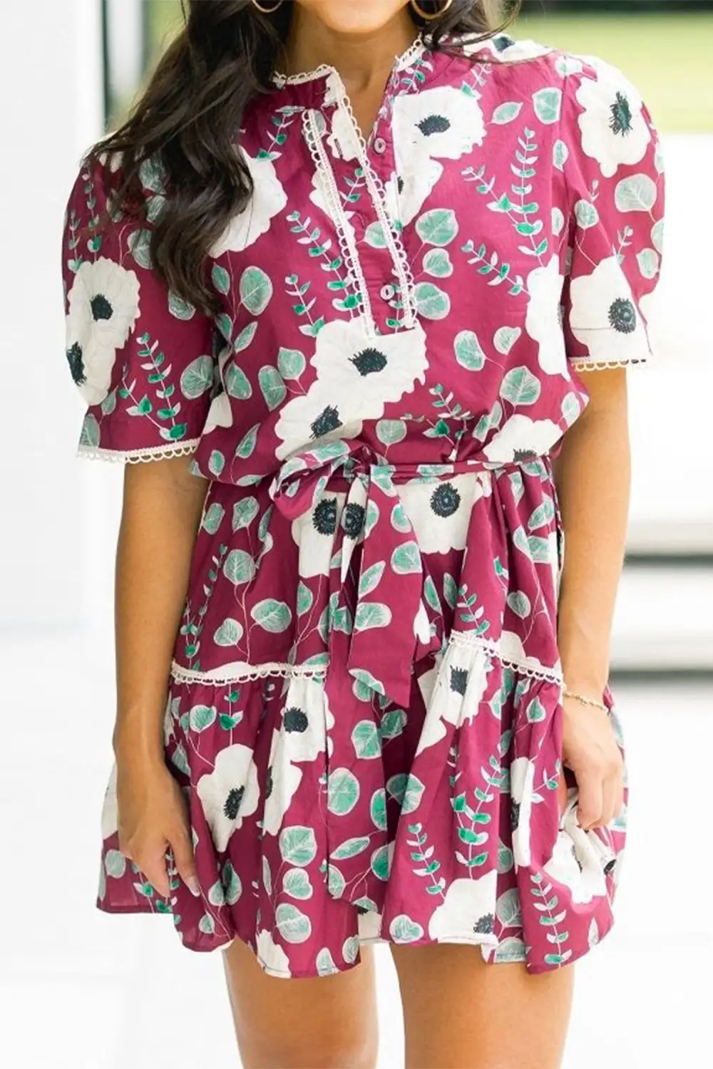 Gathered Detail Floral Printed Puff Sleeve Mini Dress