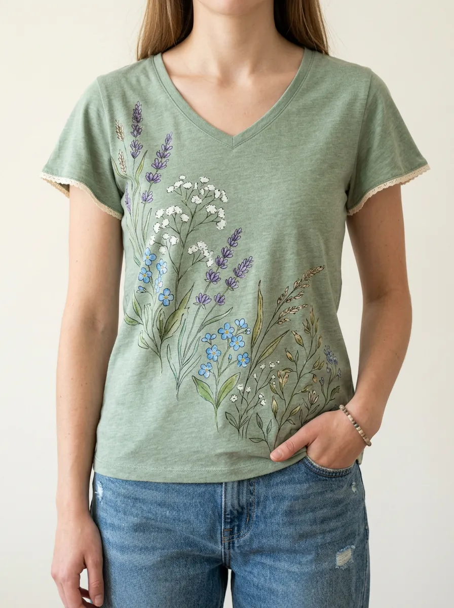Women's Botanical Nature Lover Lavender Wildflower Printed V-neck T-shirt