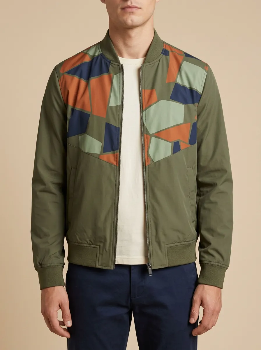 Geometric Print Ribbed Trim Cuffed Sleeves Bomber Jacket