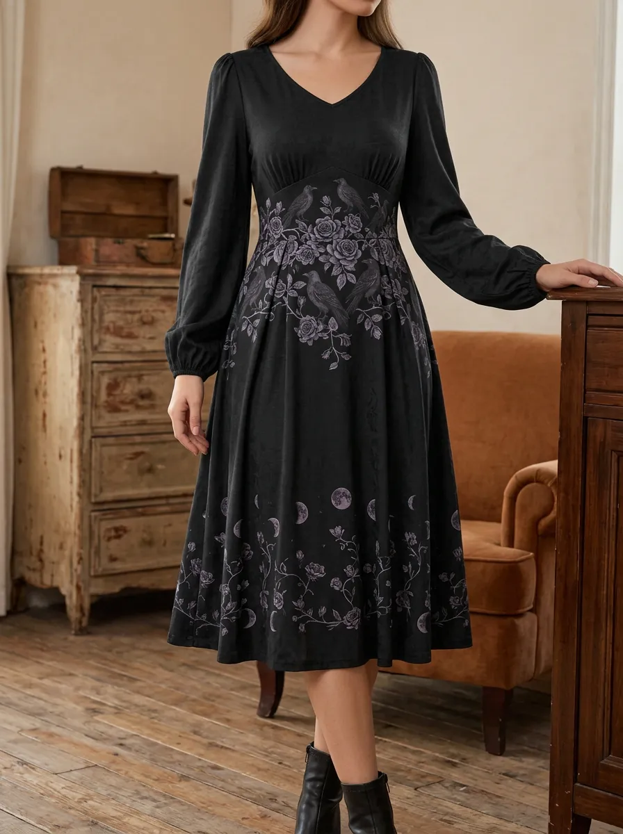 Women's Halloween Gothic Raven Rose Moon Printed Dress
