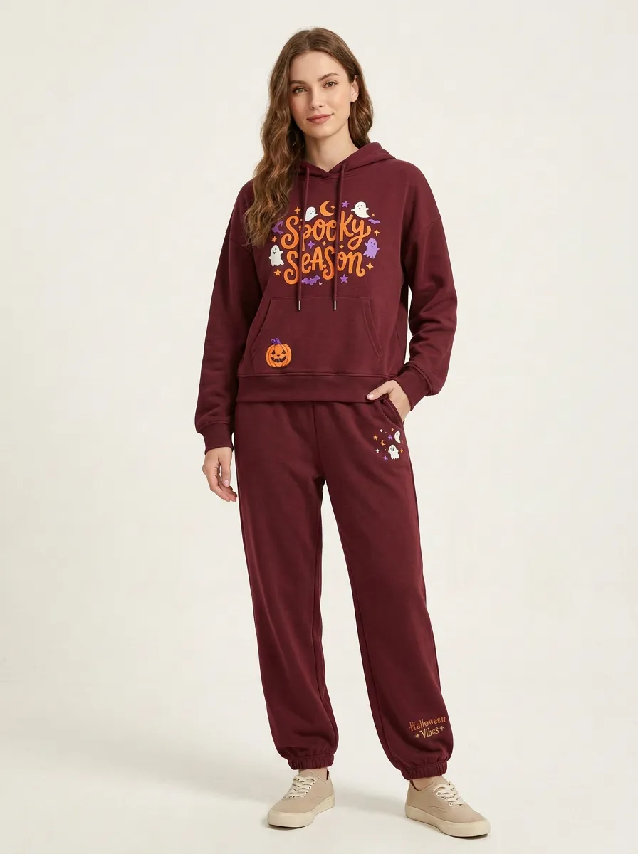 Women's Halloween Charcoal Spooky Season Ghost Pumpkin Kangaroo-Pocket Hoodie Jogger Set