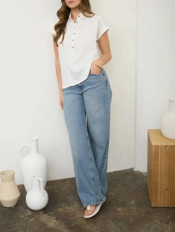 Collared Half-Button Ruched Shoulder Top