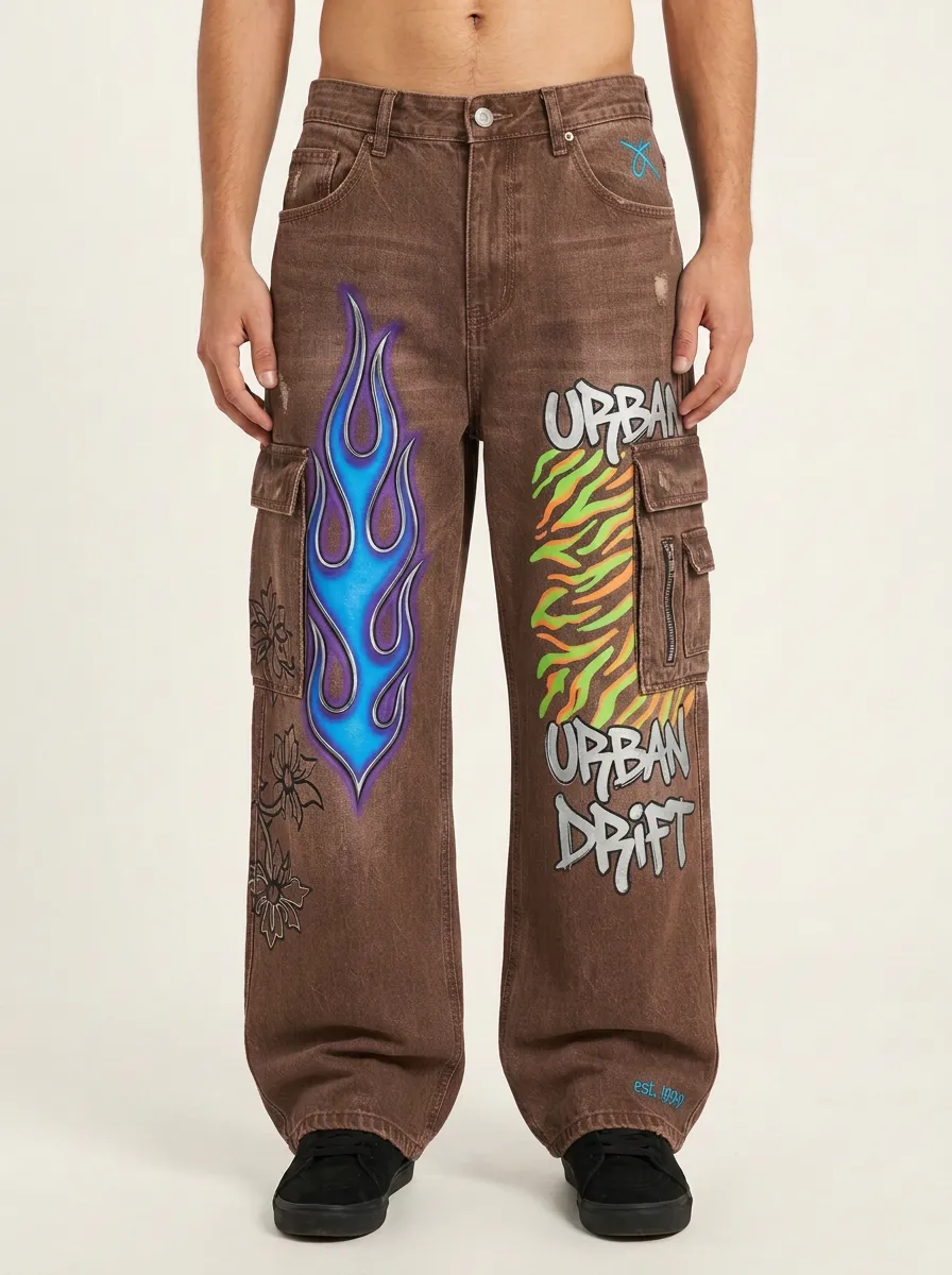 Men's Streetwear Urban Drift Flame Zebra Graphic Cargo Jeans