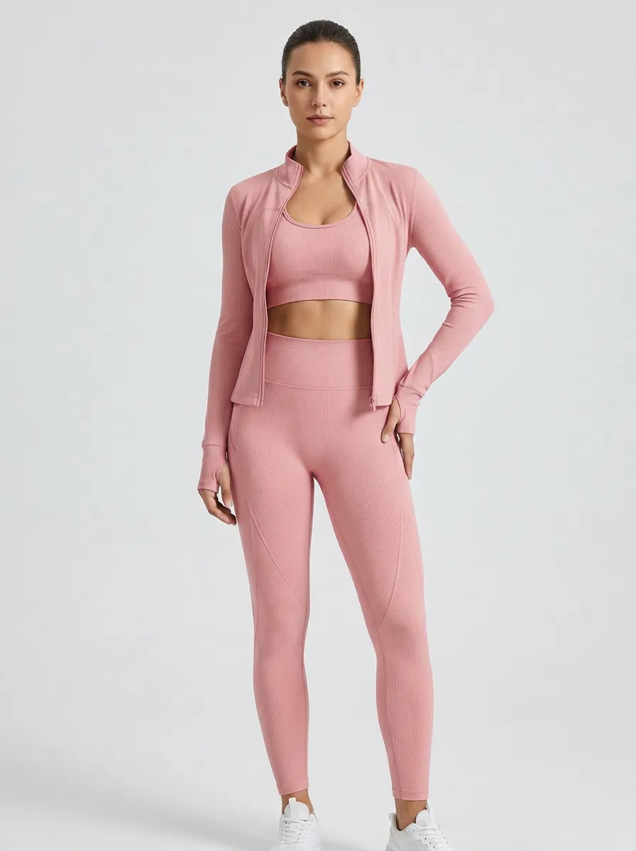 Performance-Inspired Ribbed Texture Seamless Design Edit Women's Three Piece Activewear Set
