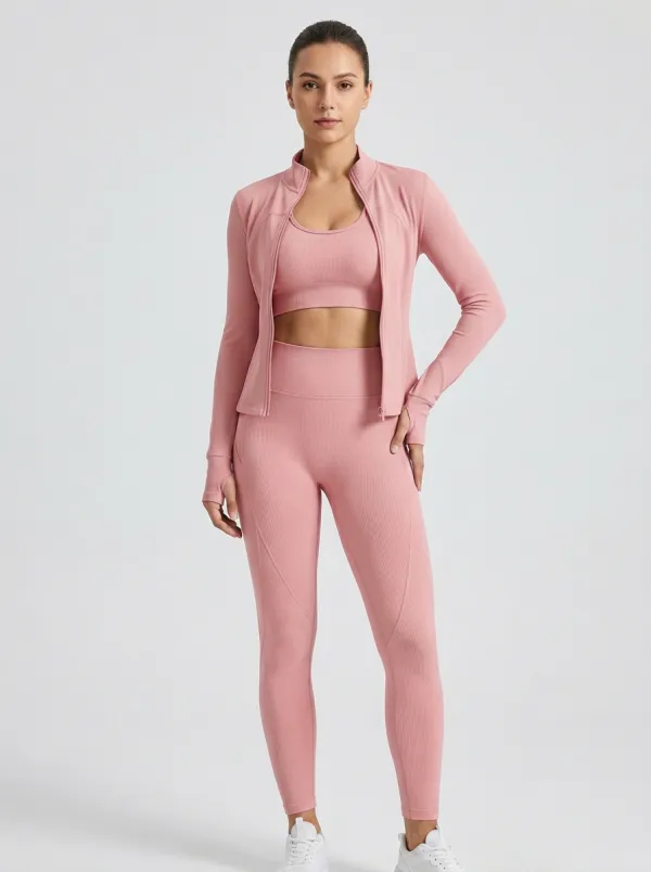 Performance-Inspired Ribbed Texture Seamless Design Edit Women's Three Piece Activewear Set