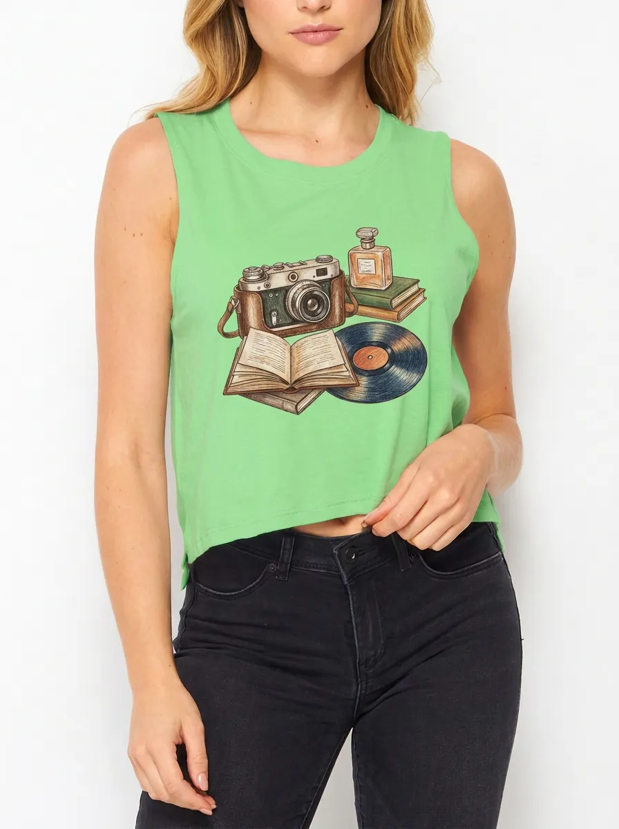 Women's Vintage Hobby Camera Book Vinyl Printed Crop Tank Top