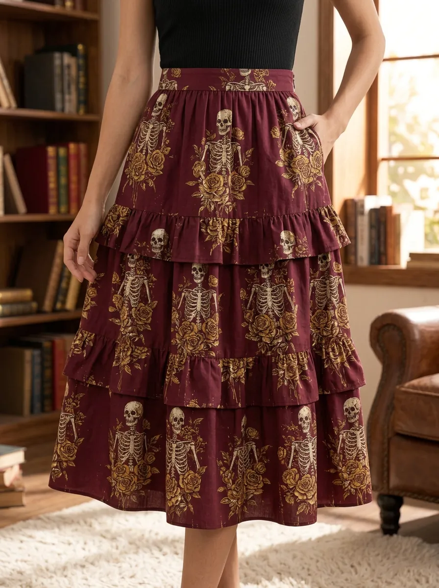 Women's Halloween Gothic Skeleton Rose Printed Tiered Skirt