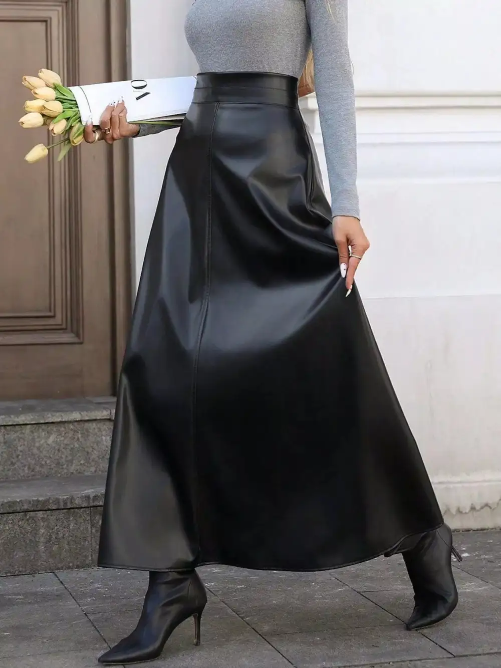 Line Faux Leather Skirt