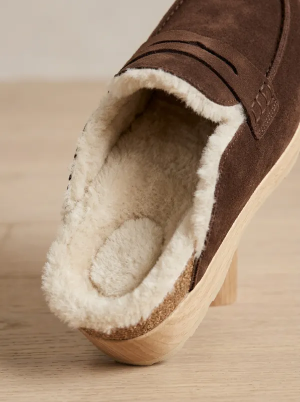 Women's Rugged Faux Fur Lined Clog Style Winter Suede Wood Sole Loafers