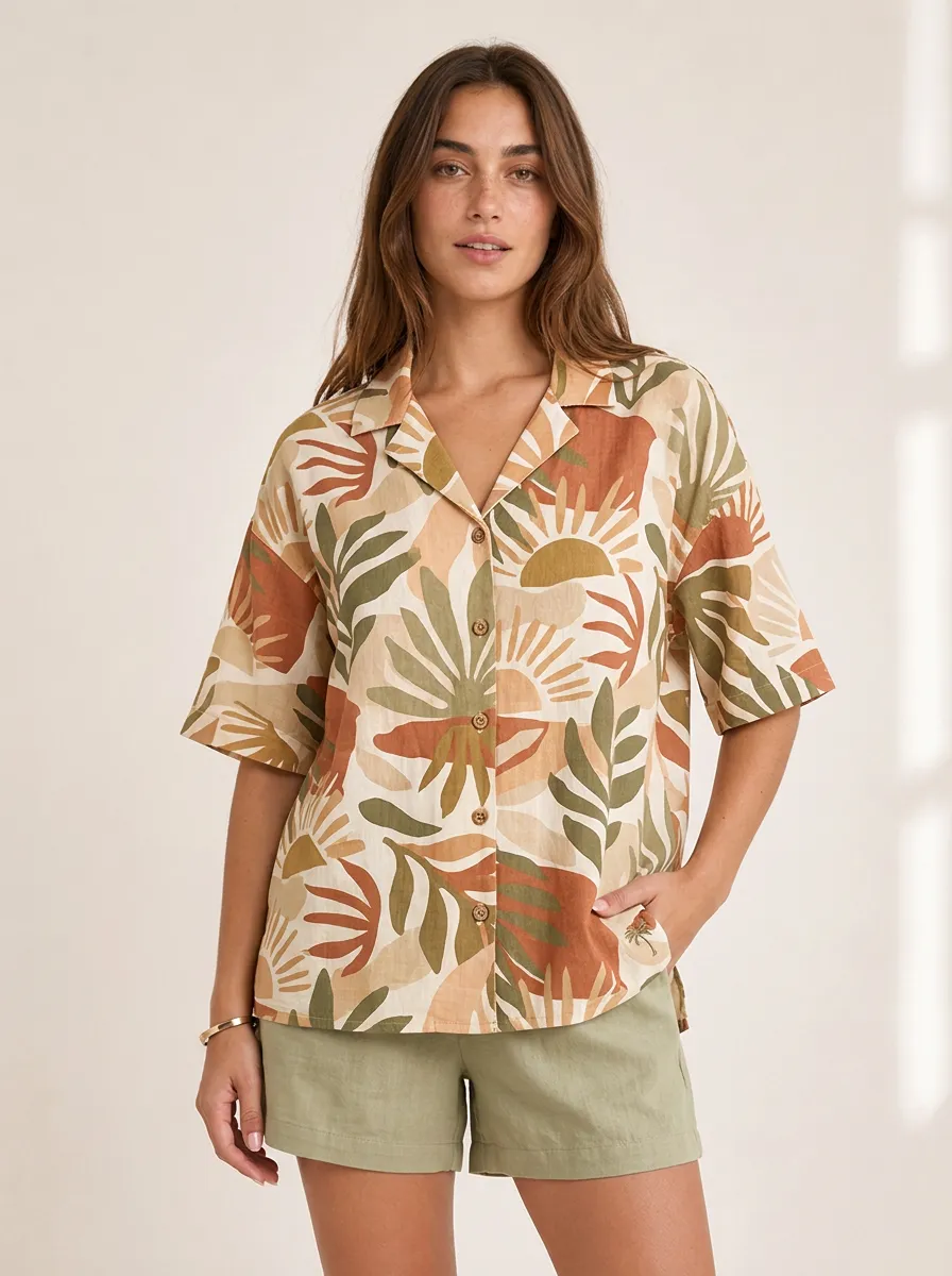 Women's Boho Tropical Sun Leaf Printed button-down shirt