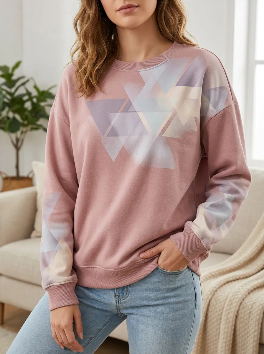 Women's Dusty Rose Geometric Print Crewneck Sweatshirt Crew Neck