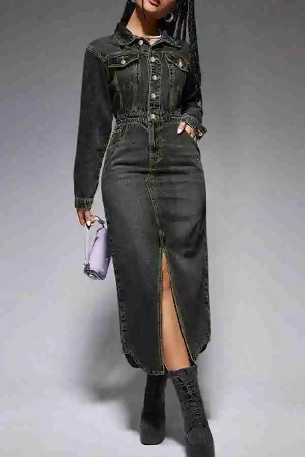 Washed Denim Mid-Slit Midi Dress