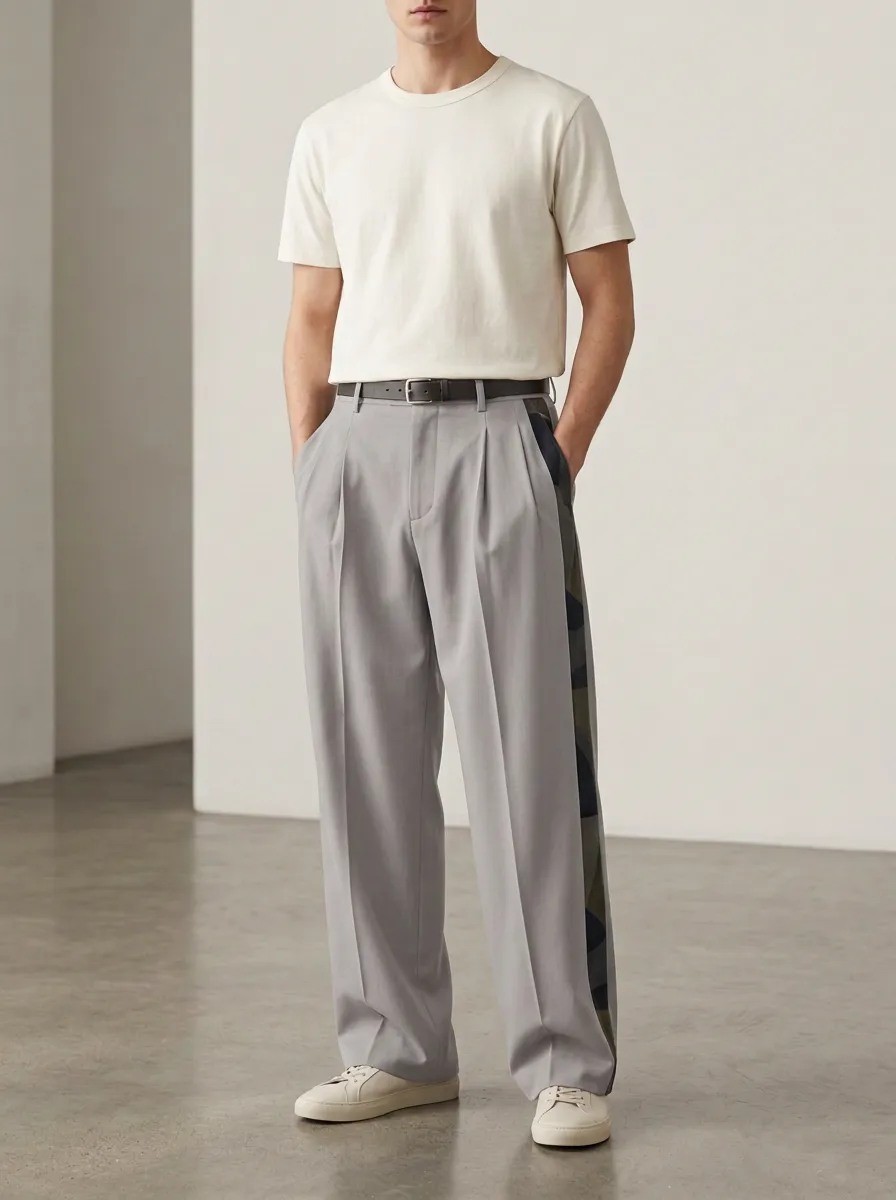 Men's Casual Style Camouflage Side Striped Printed Wide Leg Pants