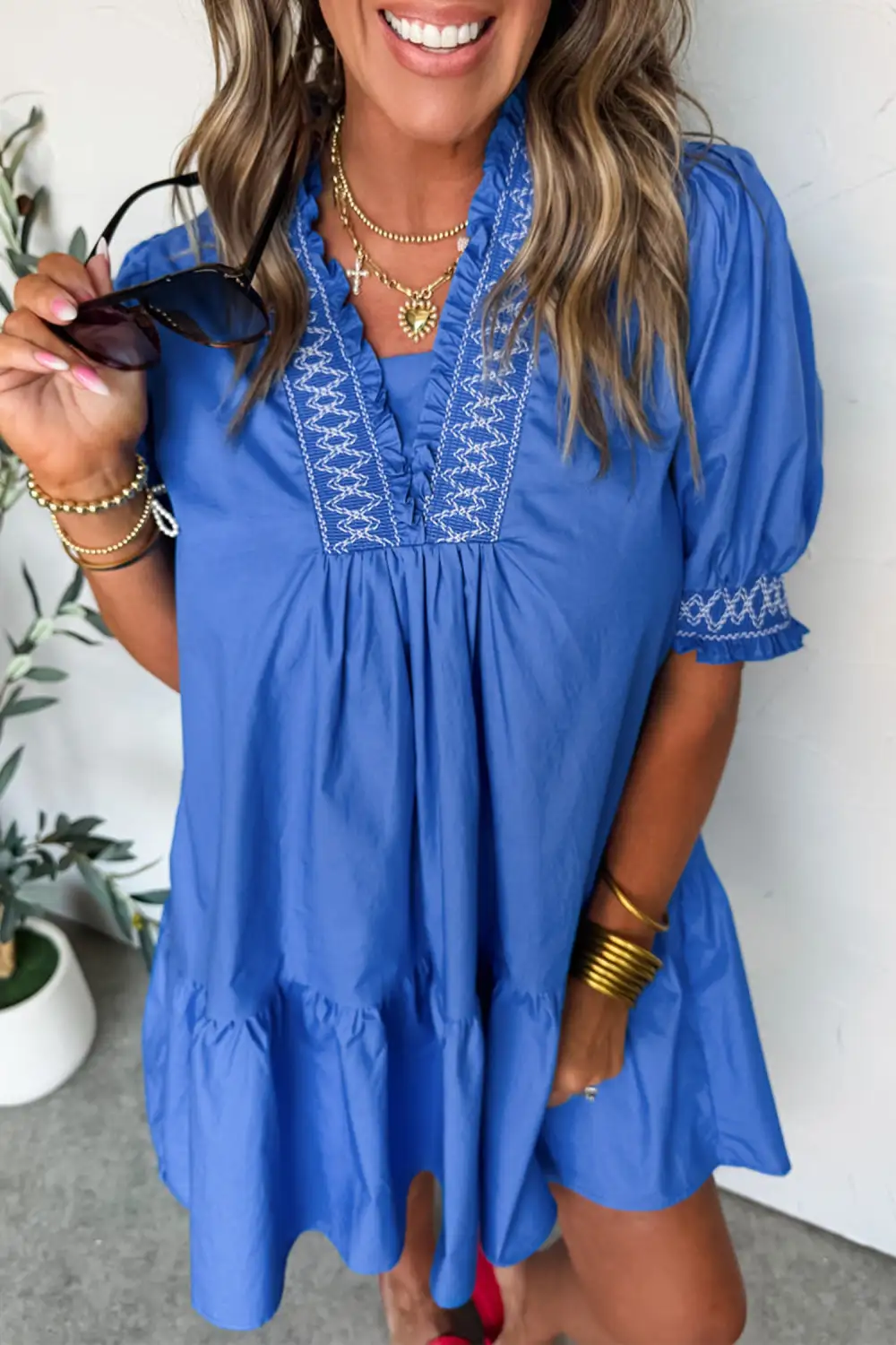 Sky Embroidered Smocked Detail V Neck Short Puff Sleeve Mini Dress