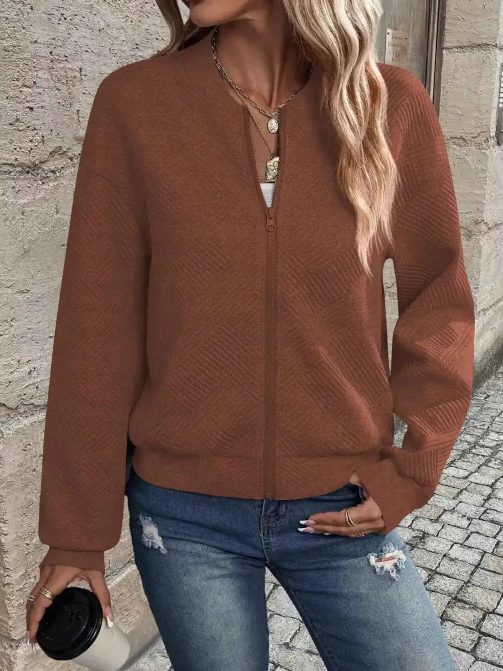 Plus Size Zip-Up Long Sleeve Textured Jacket