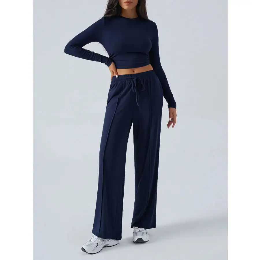 Easy Round Neck Long Sleeve Top and Pants Set