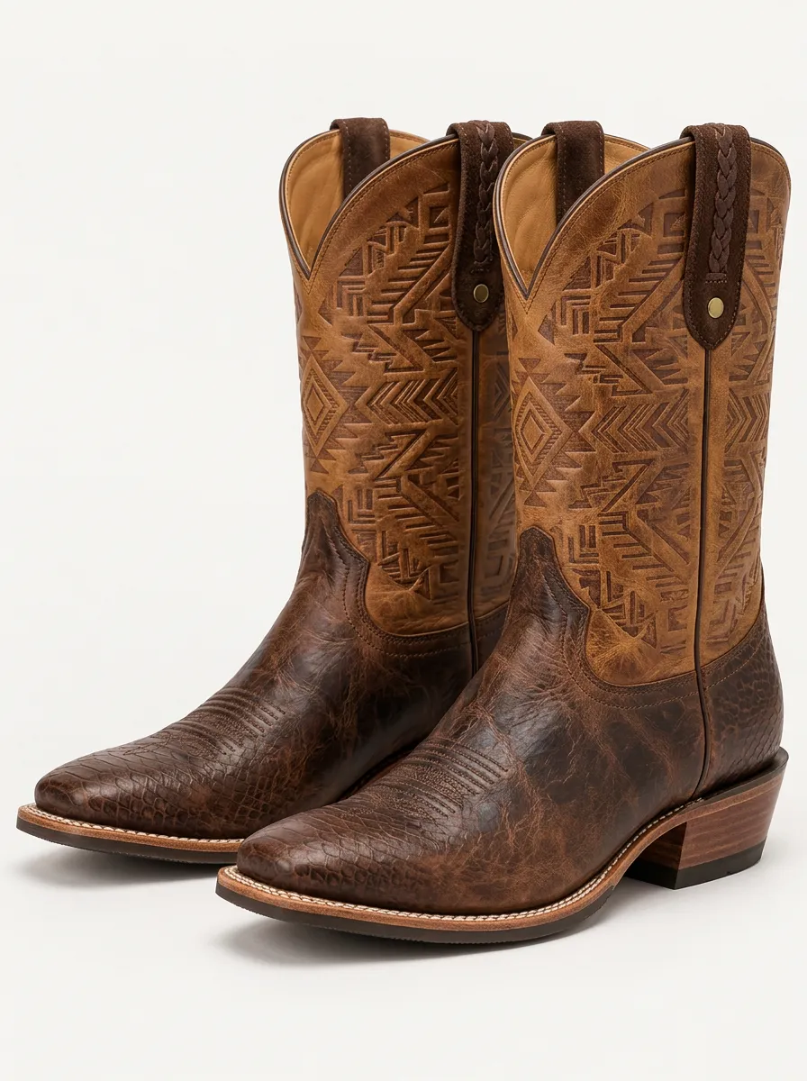 Men's Cowboy Boots featuring Geometric Detail and Leather