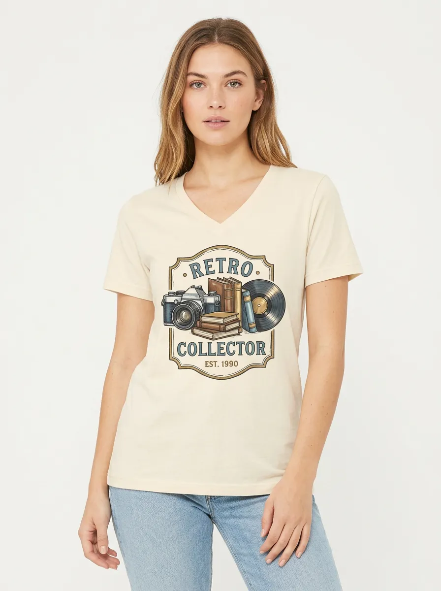 Women's Retro Collector Camera Books Vinyl Printed V-neck T-shirt