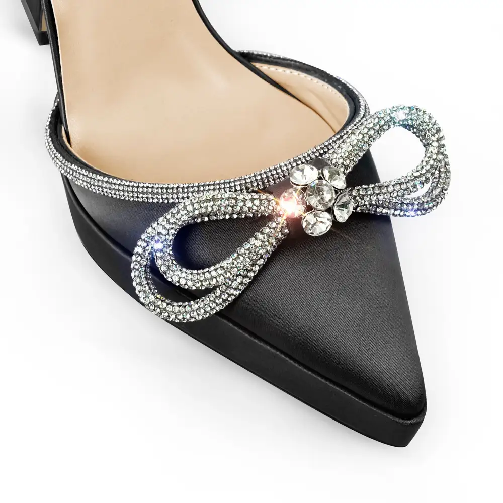 Rhinestone Pointed Toe Low Platform Chunky Heel Pumps