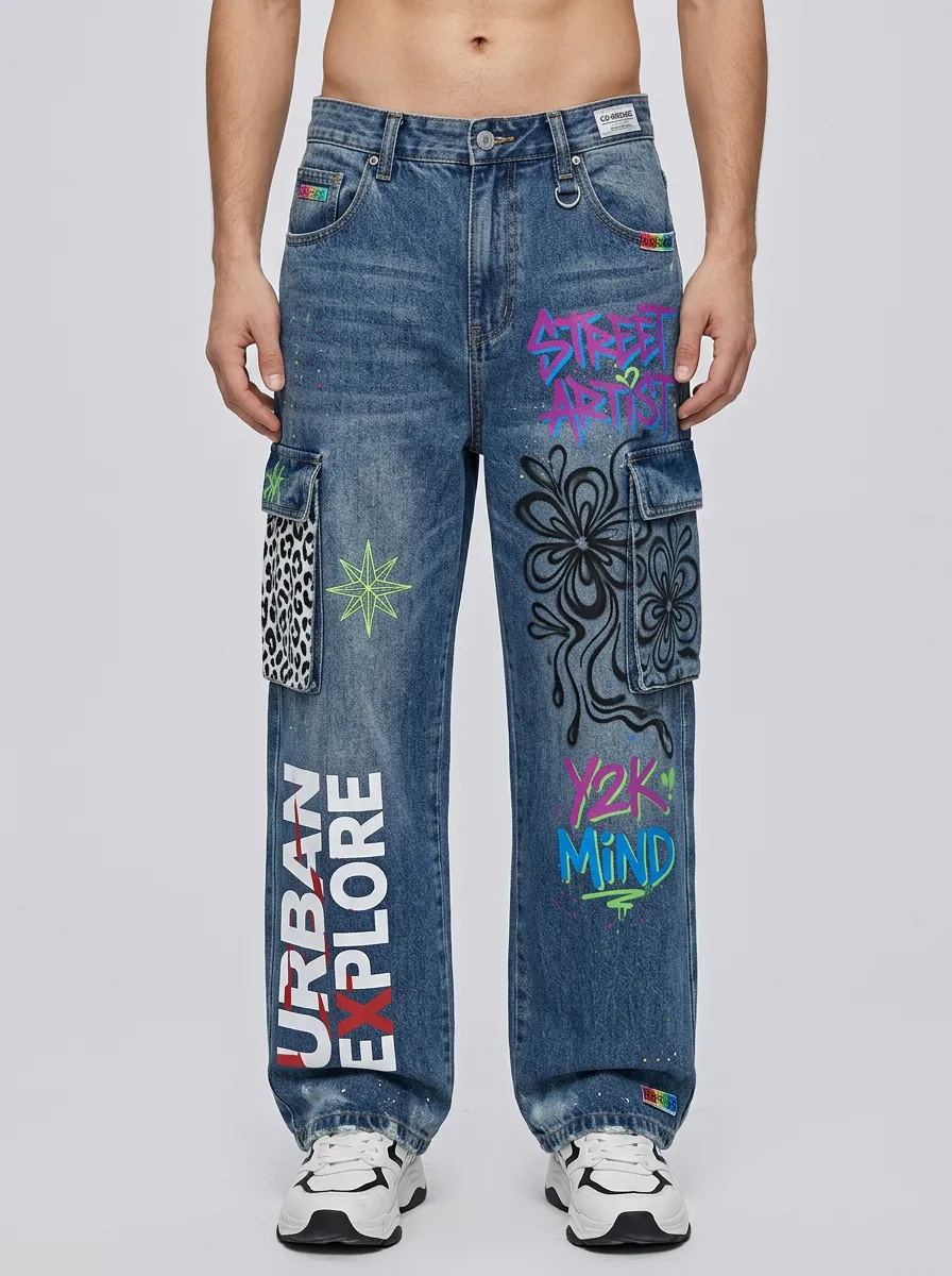 Men's Streetwear Y2K Graffiti Leopard Graphic Cargo Jeans
