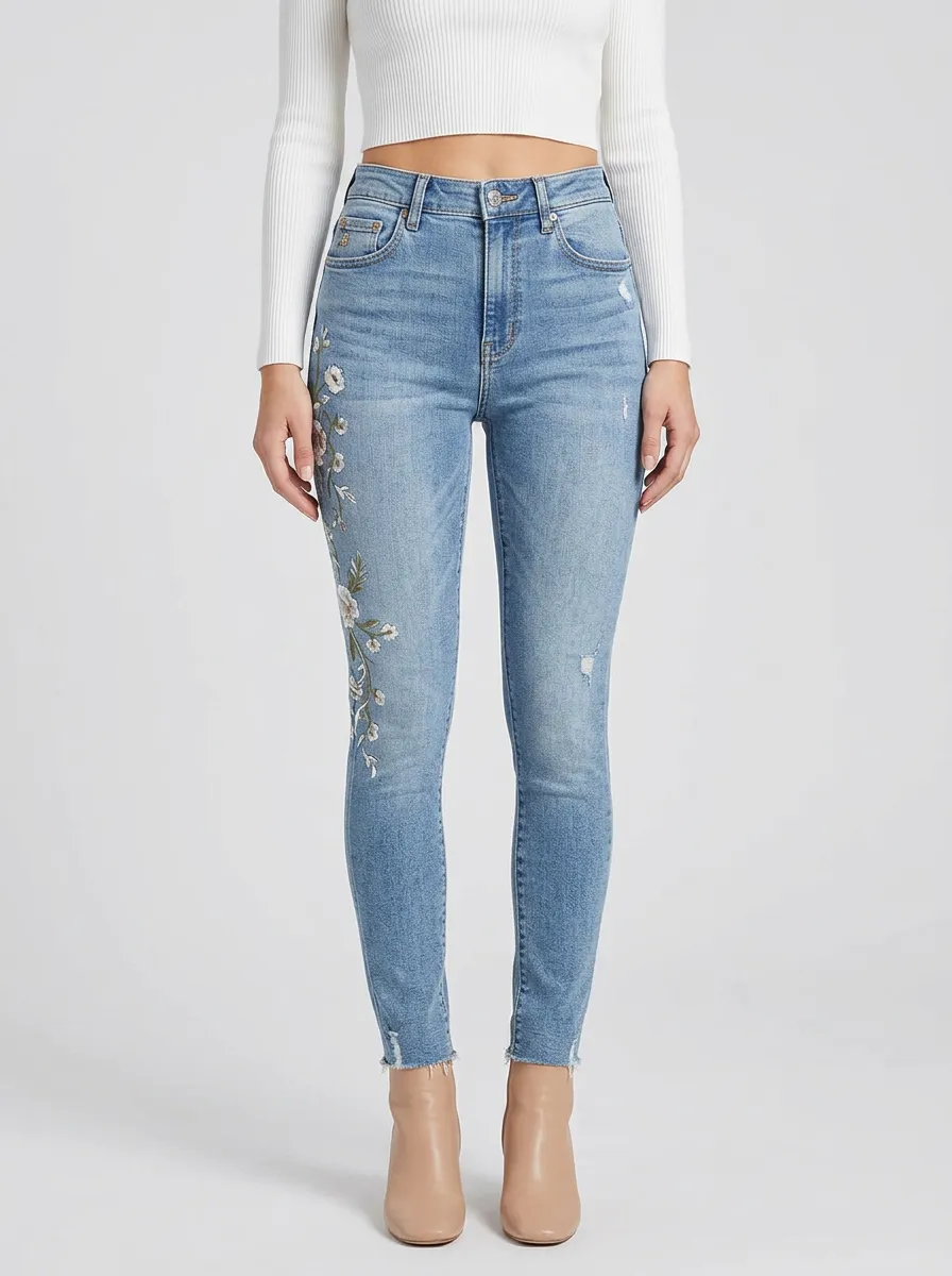 Women's Floral White Flower Embroidered Printed Slim Jeans