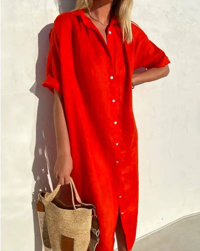 Women's Shirt Short-Sleeve Button-Detail Summer Dress