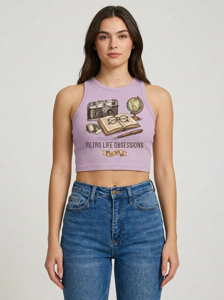 Women's Retro Travel Camera Globe Book Graphic Ribbed Crop Tank Top