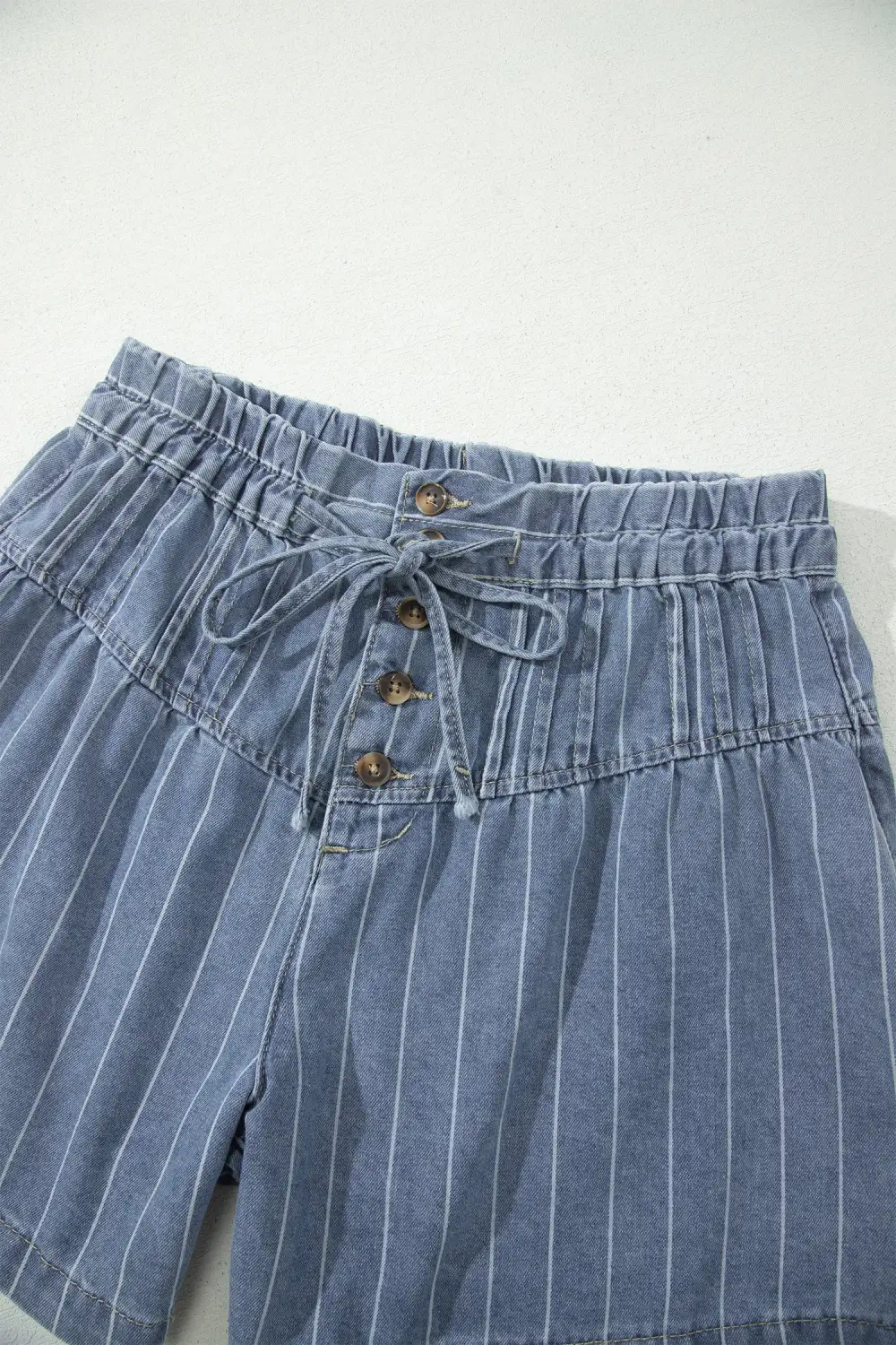 High-Waist Drawstring Pleated Striped Denim Shorts