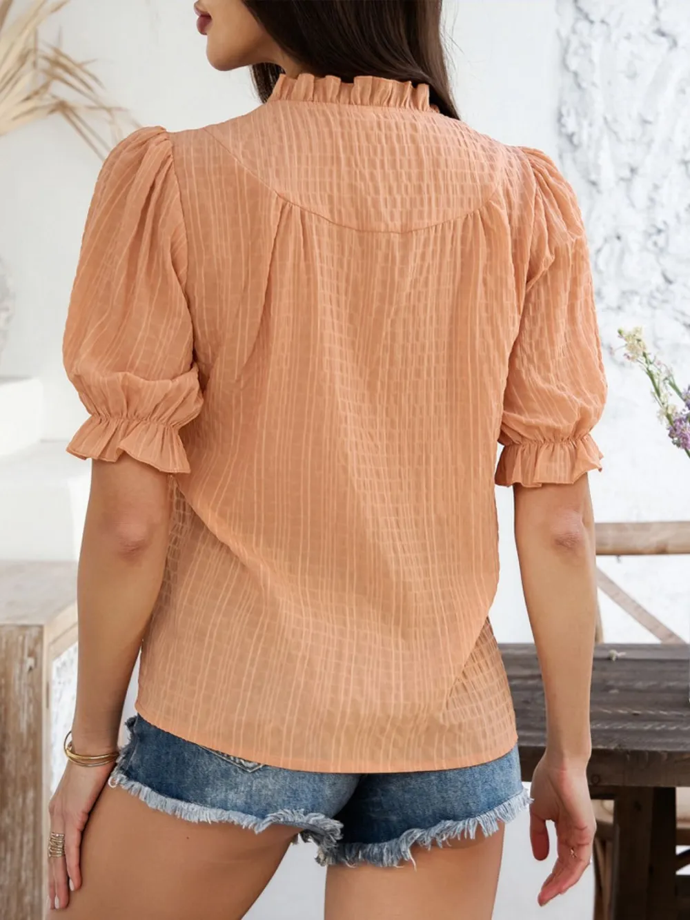 Notched-Neck Short-Sleeve Sheer Buttoned Blouse