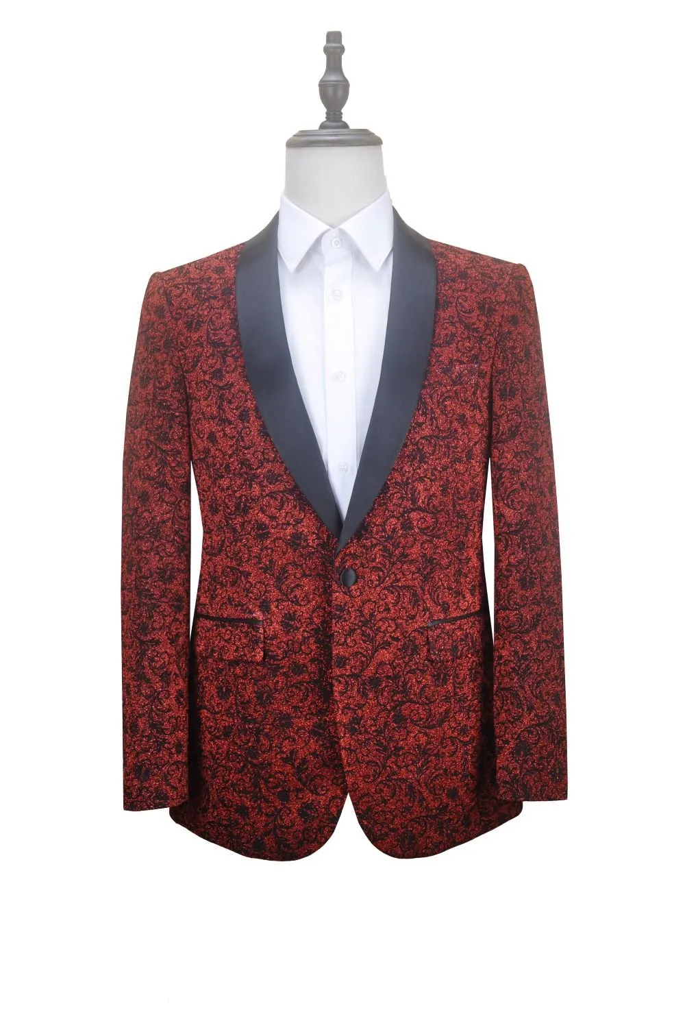 Red Slim Fit Floral Single Breasted Shawl Lapel Jacket