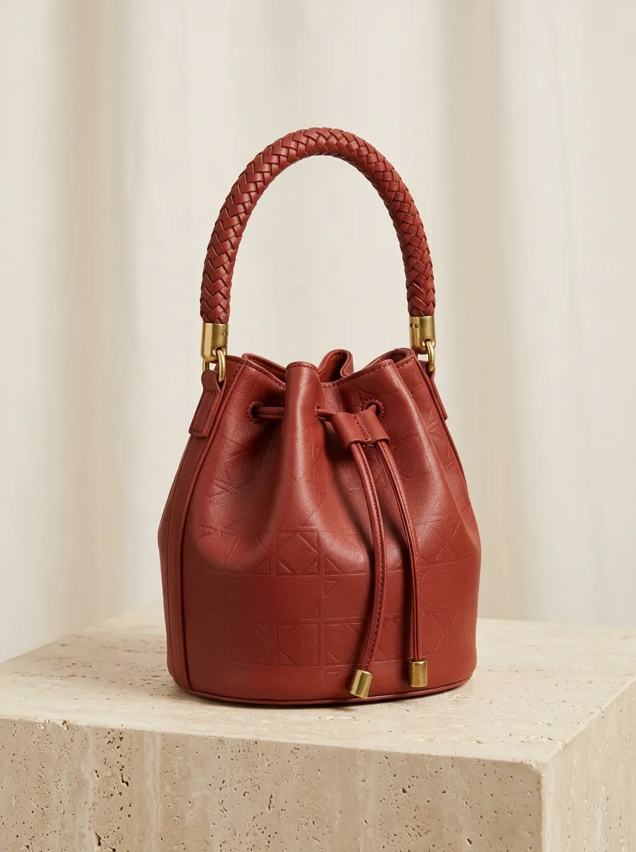 Women's Geometric-Embossed Braided-Handle Drawstring Single-Handle Bucket Bag