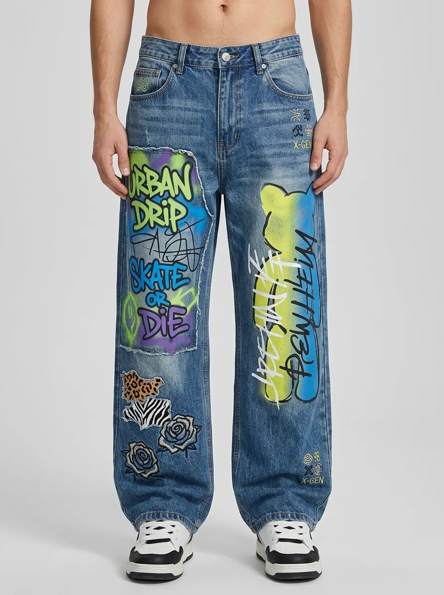 Men's Streetwear Urban Drip Graffiti Printed Wide Leg Jeans