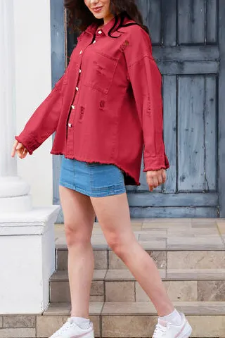 Distressed Button-up Raw-hem Denim Jacket