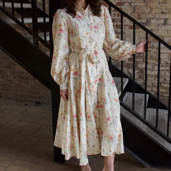 Floral Balloon Sleeve Long Sleeve Collared Dress