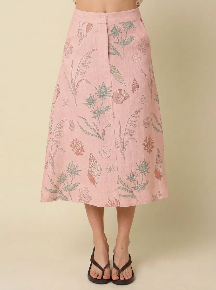 Women's Coastal Beach Lover Seashells Plants Printed Midi Skirt