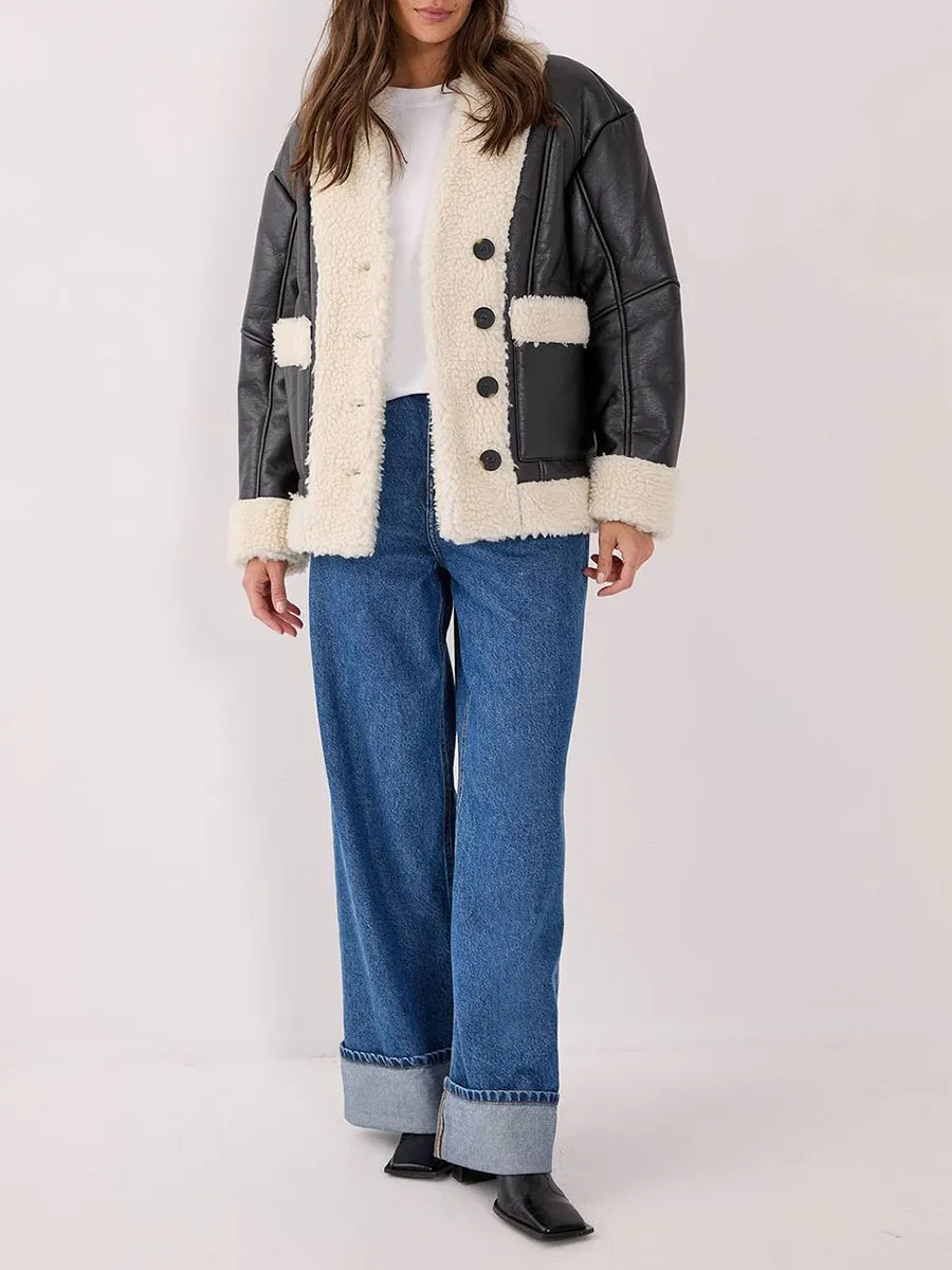 Black Leather Shearling Lined Cropped Jacket