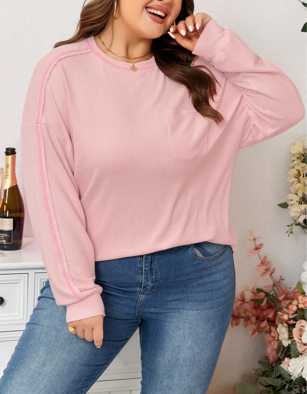 Ribbed Knit Round Neck Women's Top
